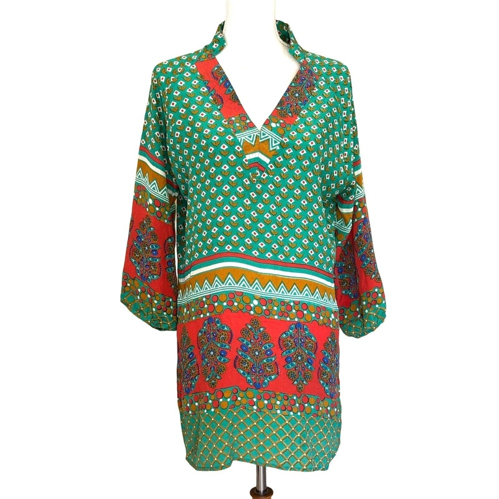Tolani Silk Boho Tunic Dress Mixed Print Small India Vacation Global Chic